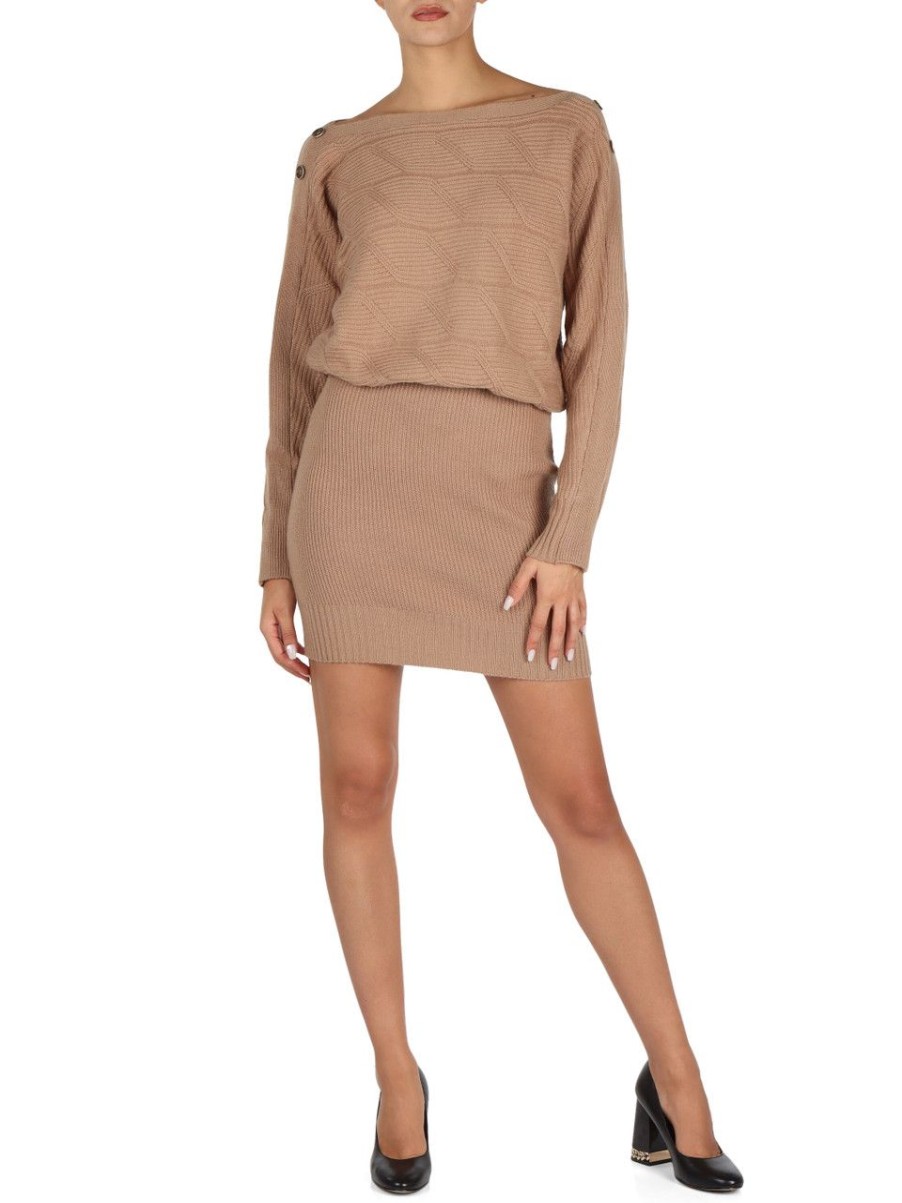 Donna GUESS | Abito In Misto Lana Con Collo A Barchetta Beige