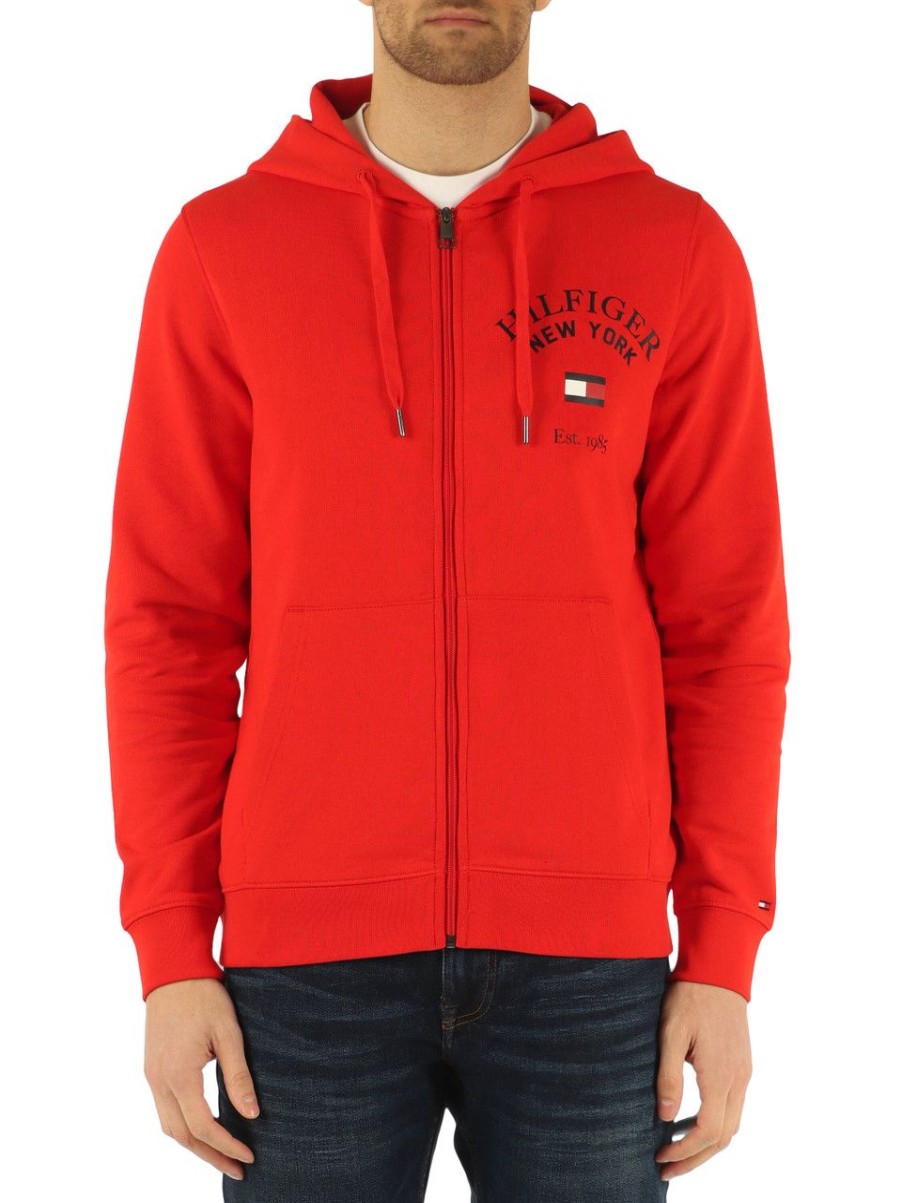 Uomo TOMMY HILFIGER | Felpa Con Zip E Cappuccio In Cotone Garzato Rosso