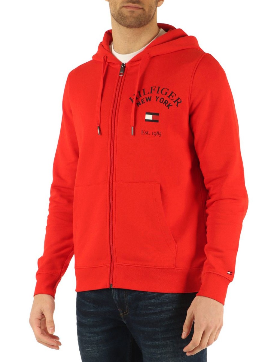 Uomo TOMMY HILFIGER | Felpa Con Zip E Cappuccio In Cotone Garzato Rosso