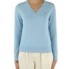 Donna TOMMY HILFIGER | Maglia Collo A V In Misto Cotone Celeste