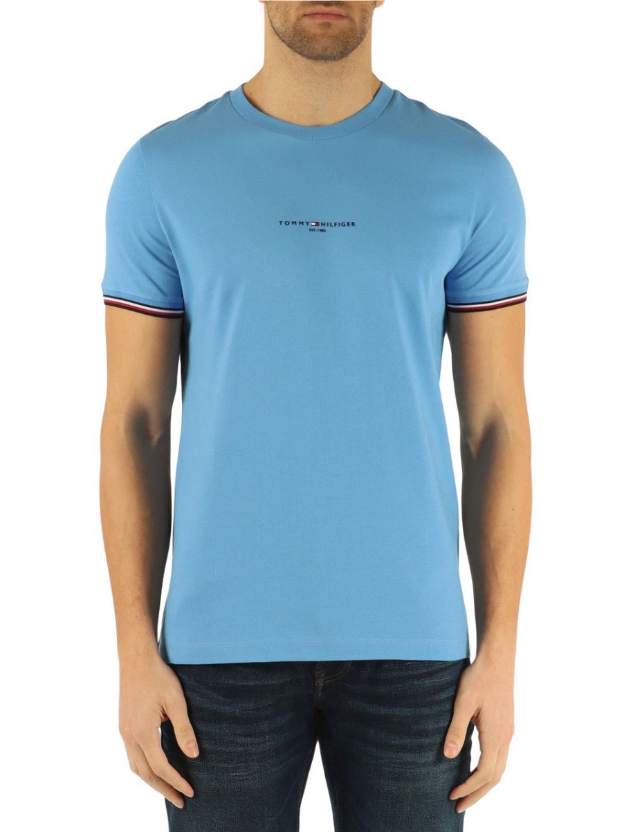 Uomo TOMMY HILFIGER | T-Shirt Slim Fit In Cotone Con Scritta Logo Azzurro