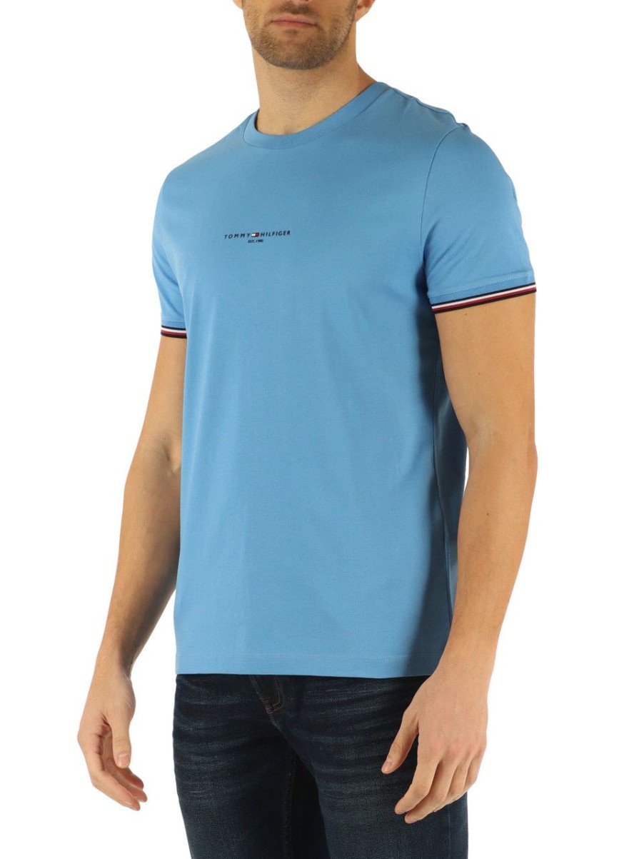 Uomo TOMMY HILFIGER | T-Shirt Slim Fit In Cotone Con Scritta Logo Azzurro