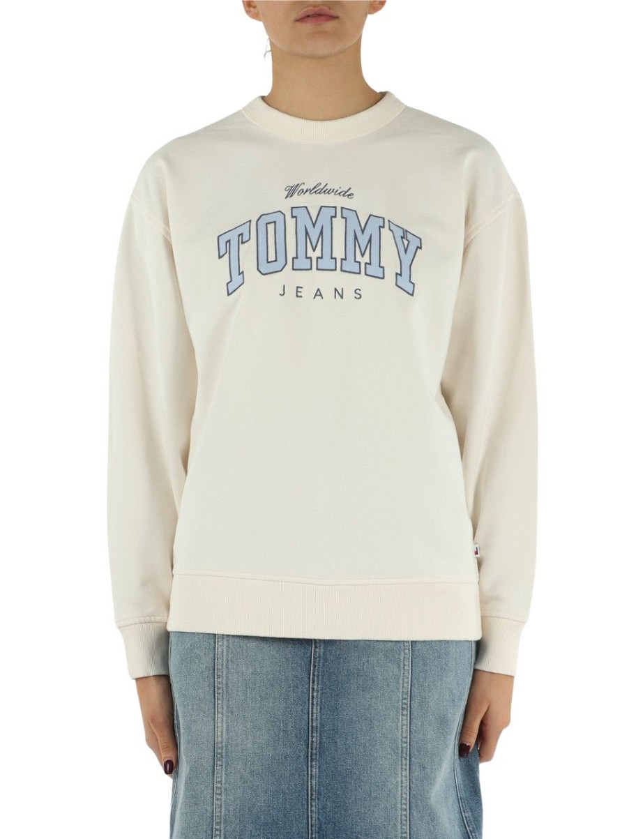 Donna TOMMY JEANS | Felpa In Cotone Garzato Con Ricamo Logo Panna