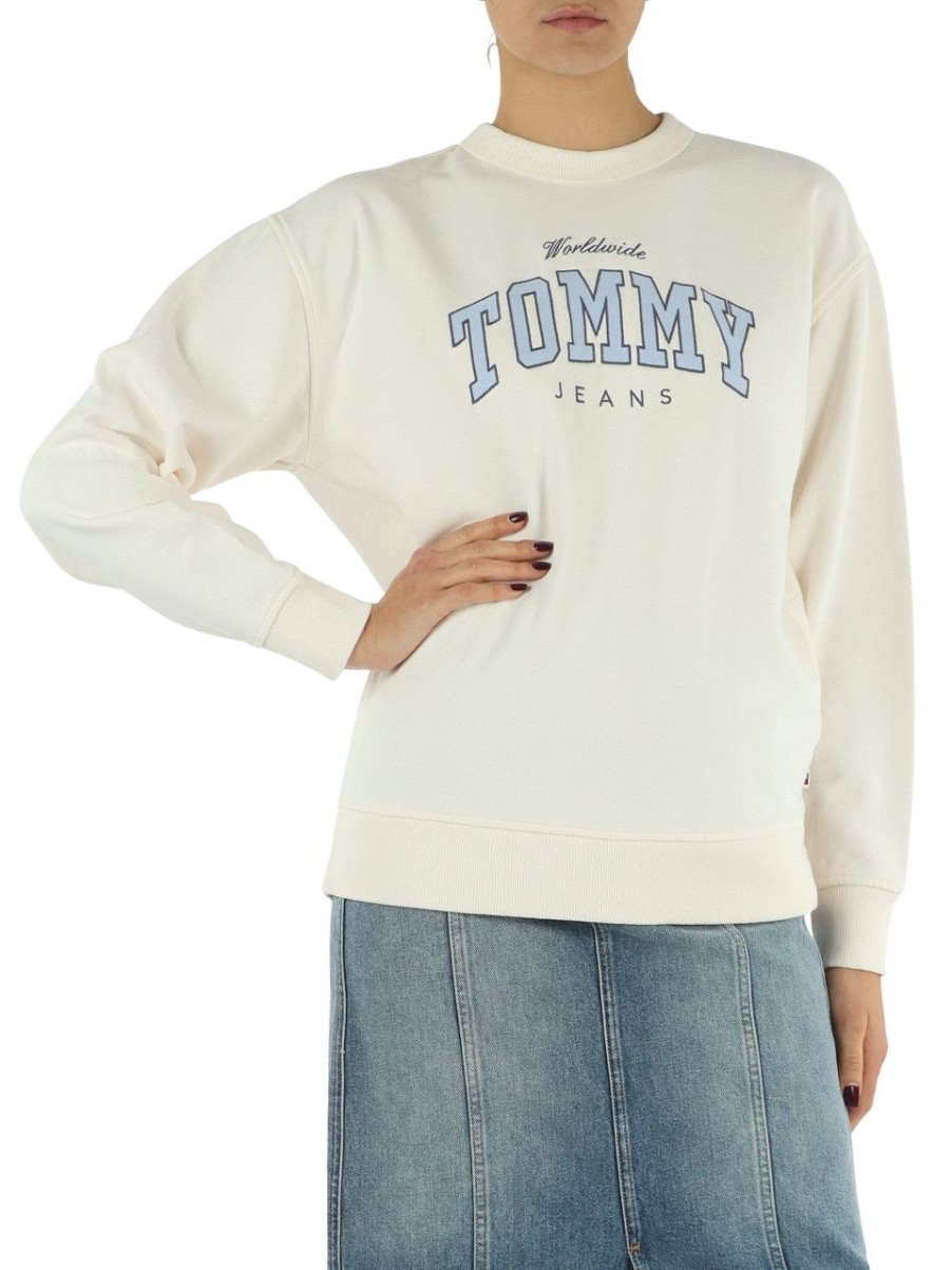 Donna TOMMY JEANS | Felpa In Cotone Garzato Con Ricamo Logo Panna