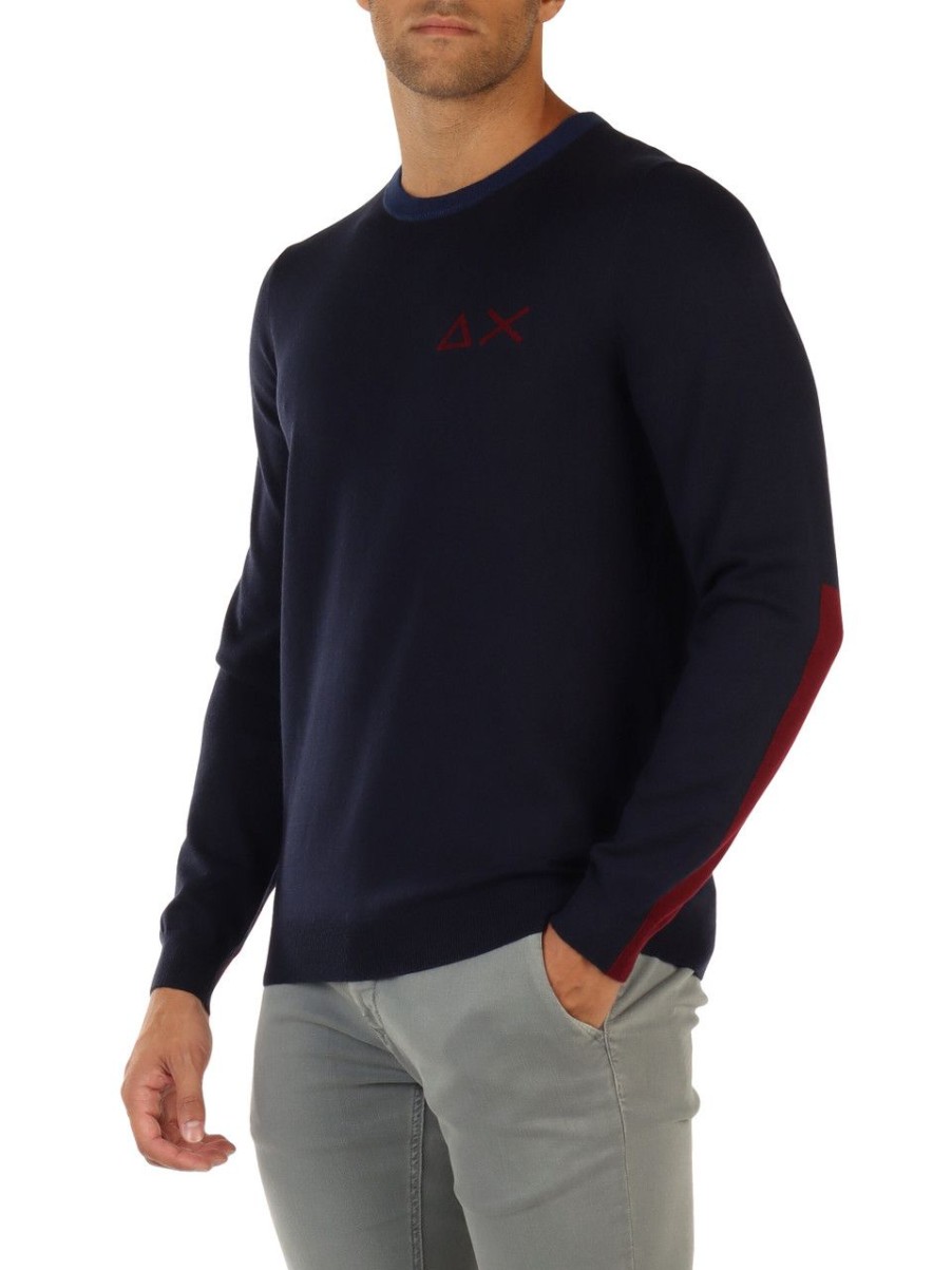 Uomo SUN68 | Maglia In Cotone E Lana Merino Con Inserti A Contrasto Blu Scuro