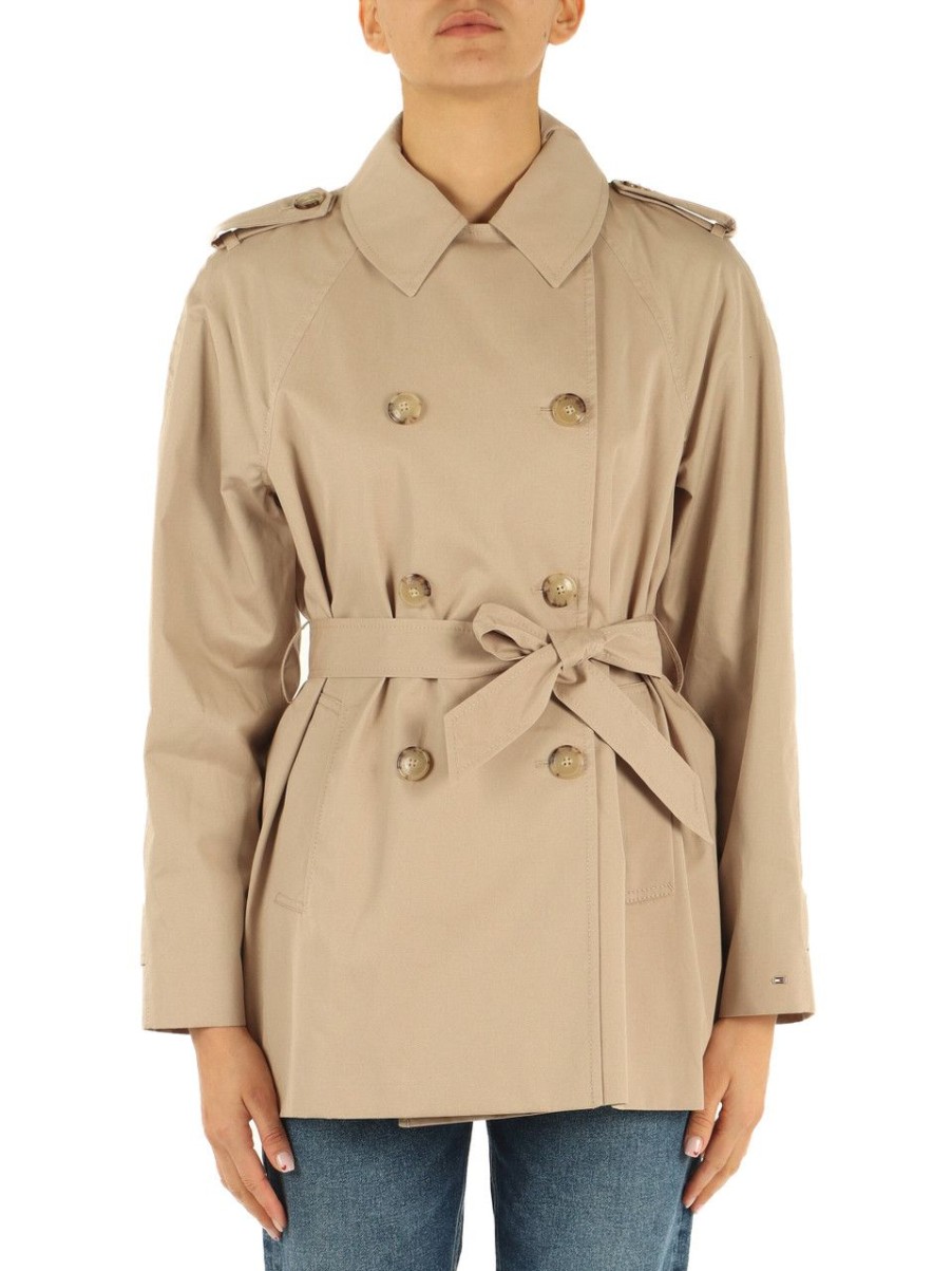 Donna TOMMY HILFIGER | Trench Tre Quarti In Cotone Beige