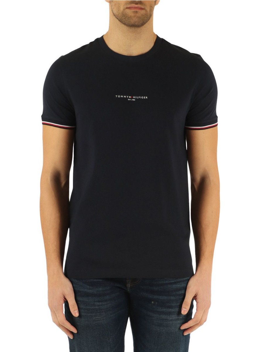 Uomo TOMMY HILFIGER | T-Shirt Slim Fit In Cotone Con Scritta Logo Blu Scuro