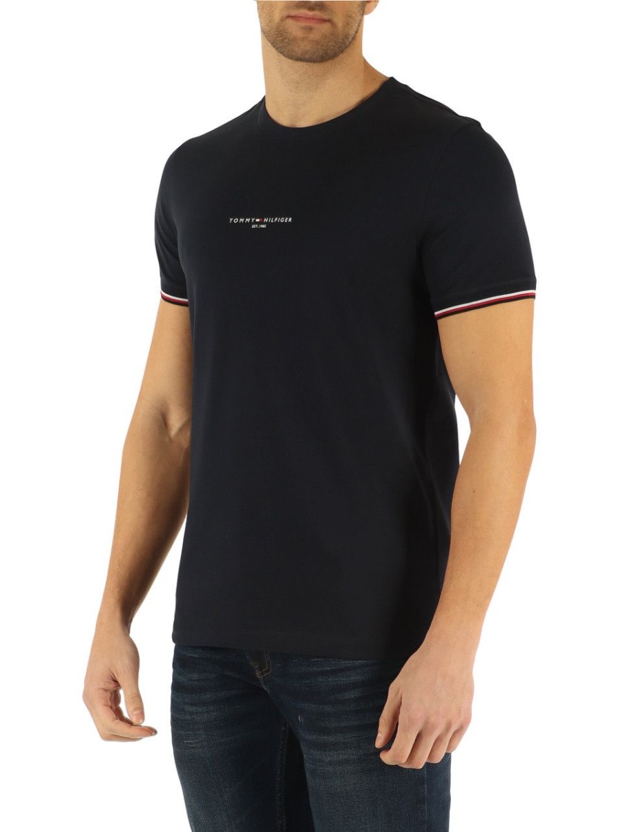 Uomo TOMMY HILFIGER | T-Shirt Slim Fit In Cotone Con Scritta Logo Blu Scuro