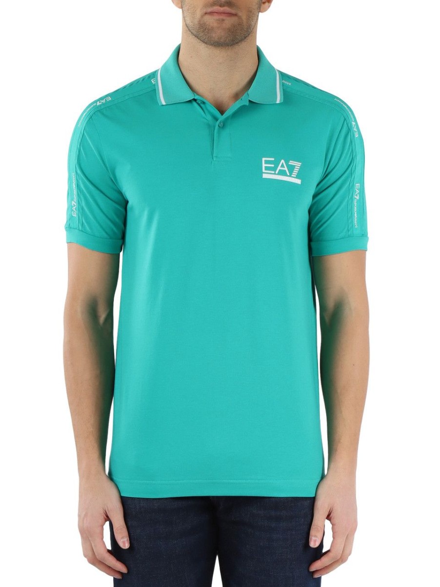 Uomo EA7 | Polo In Cotone Stretch Con Stampa Logo Frontale Verde