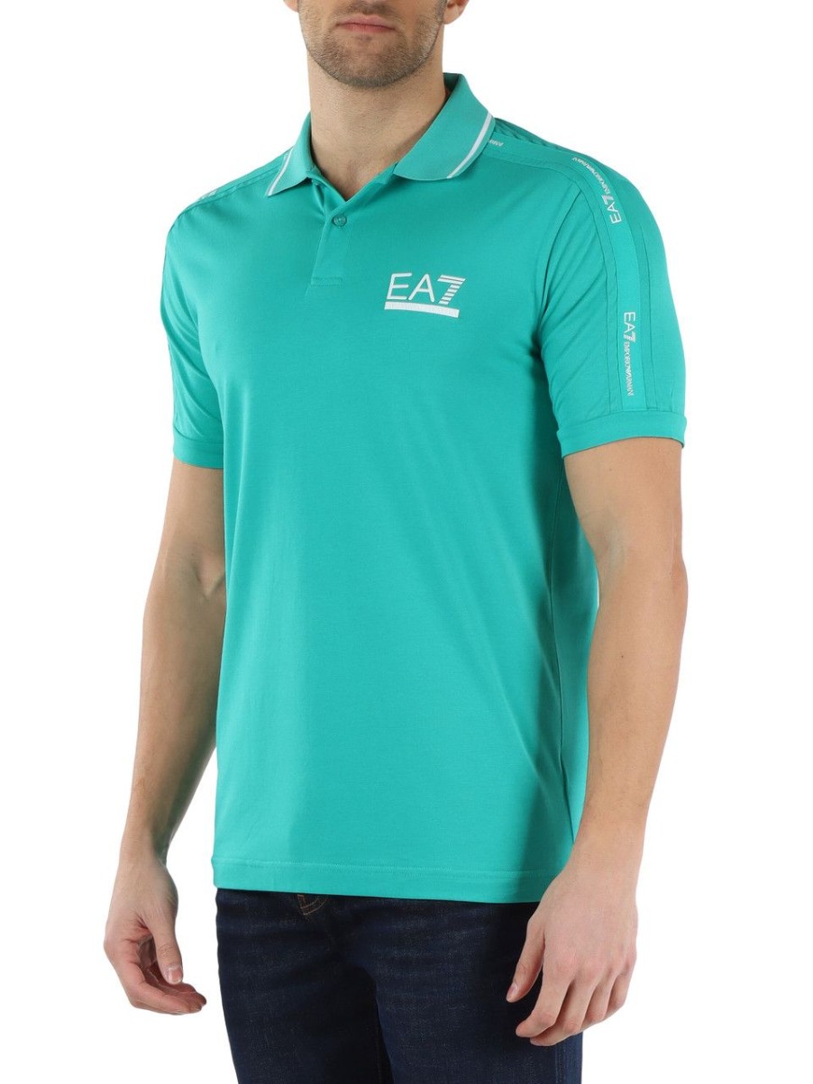 Uomo EA7 | Polo In Cotone Stretch Con Stampa Logo Frontale Verde