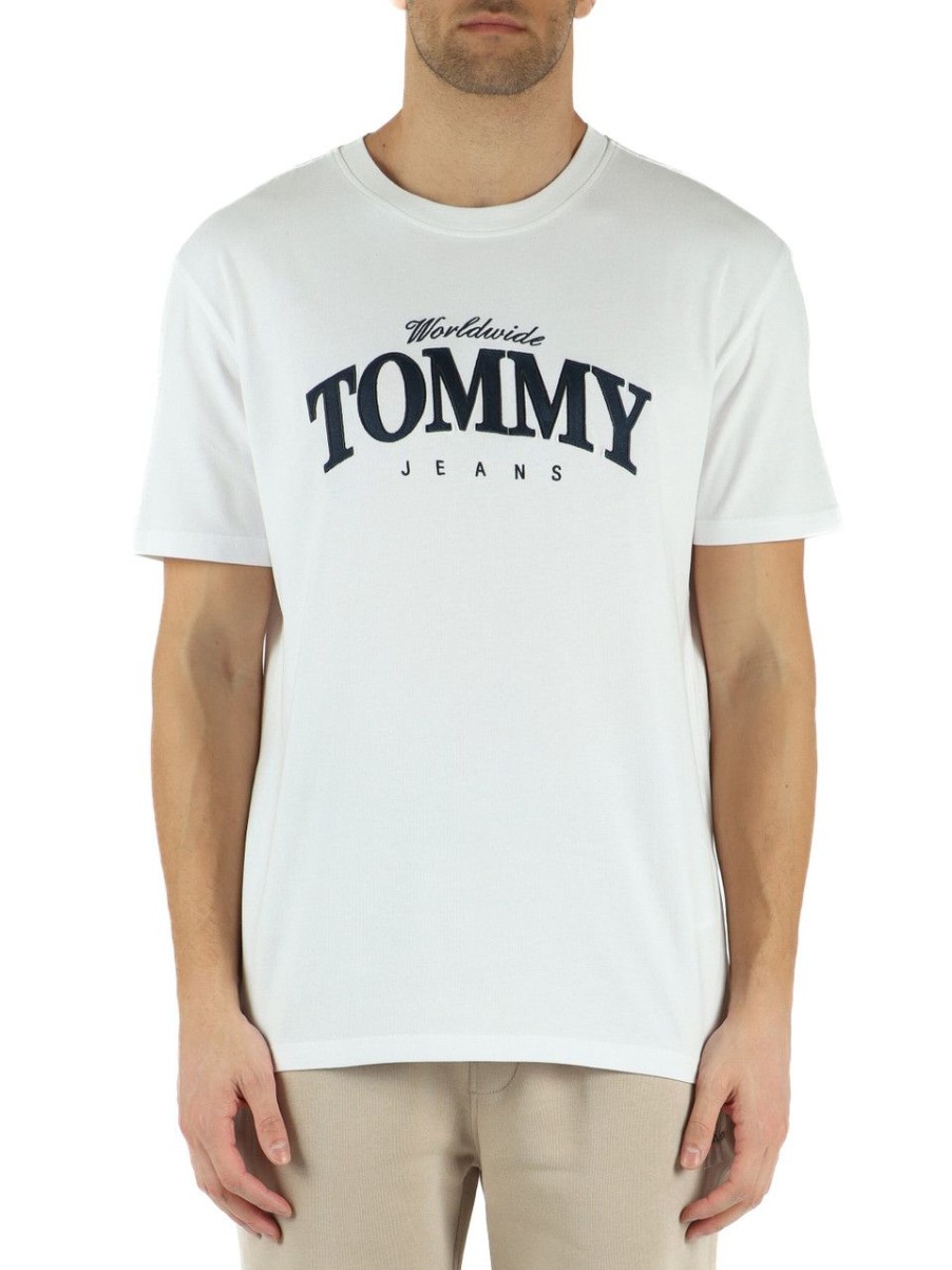 Uomo TOMMY JEANS | T-Shirt In Cotone Con Ricamo Logo Frontale Bianco