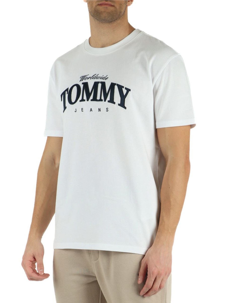 Uomo TOMMY JEANS | T-Shirt In Cotone Con Ricamo Logo Frontale Bianco