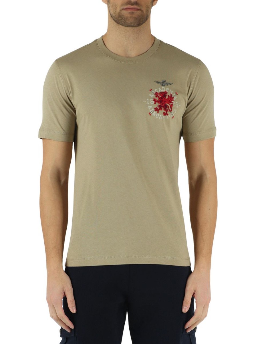 Uomo AERONAUTICA MILITARE | T-Shirt In Cotone Con Ricamo Logo Frontale Beige