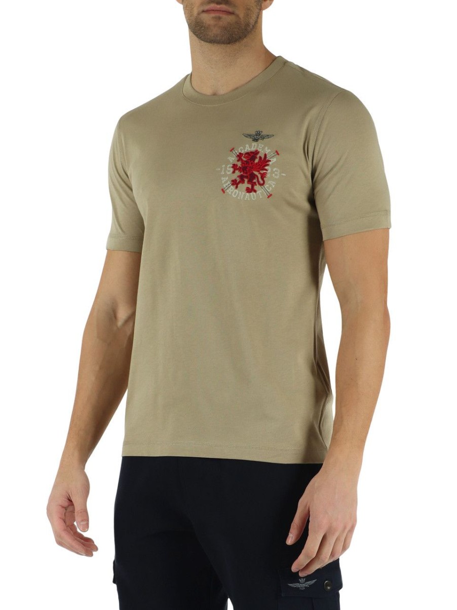 Uomo AERONAUTICA MILITARE | T-Shirt In Cotone Con Ricamo Logo Frontale Beige