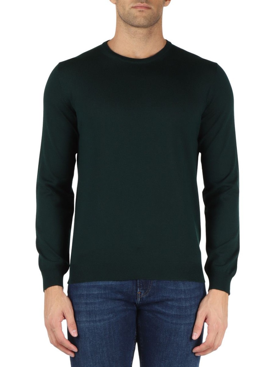 Uomo FAMA | Luxury: Maglia Girocollo In Lana Vergine Merino Extrafine Verde Scuro