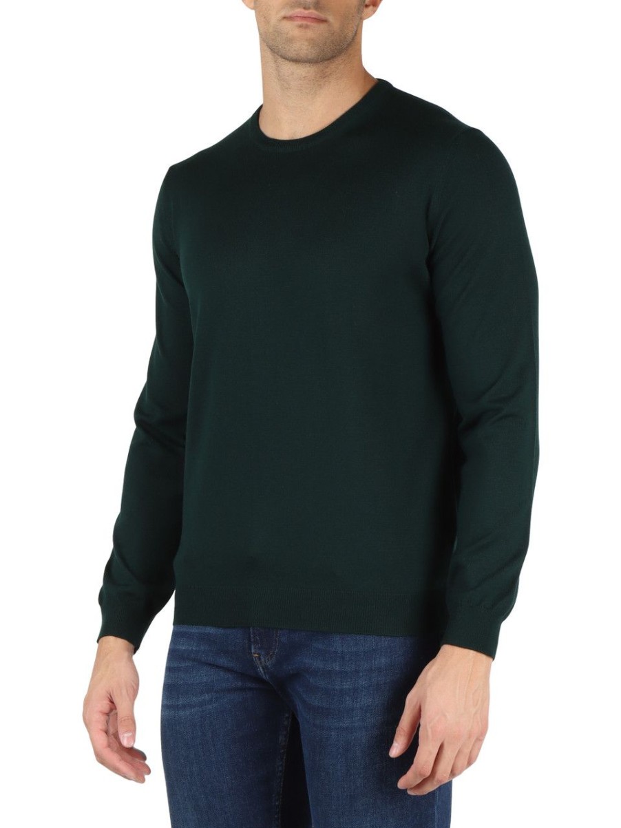 Uomo FAMA | Luxury: Maglia Girocollo In Lana Vergine Merino Extrafine Verde Scuro