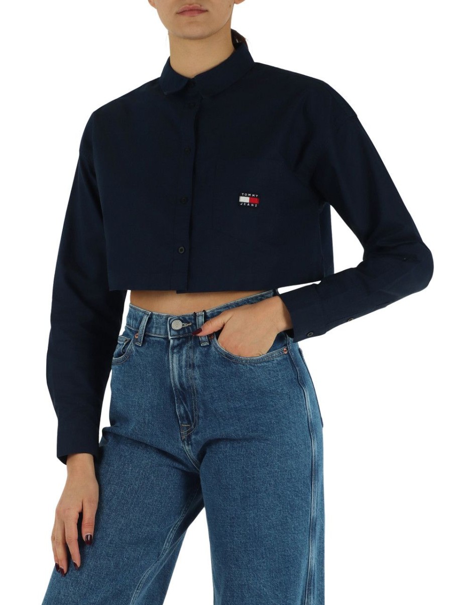 Donna TOMMY JEANS | Camicia Cropped In Cotone Con Patch Logo Frontale Blu Scuro