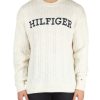 Uomo TOMMY HILFIGER | Maglia A Trecce Con Scritta Logo Frontale Panna