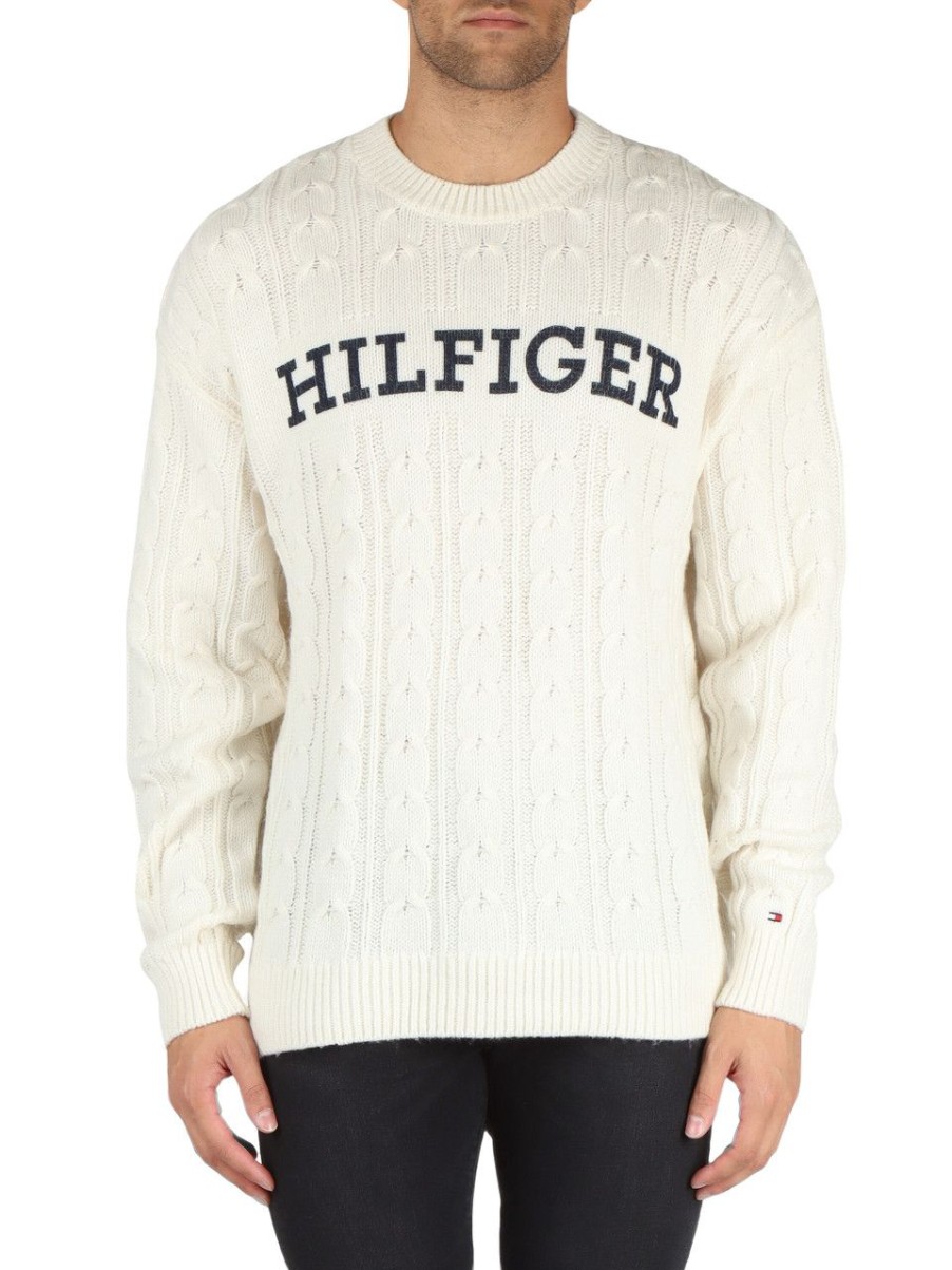 Uomo TOMMY HILFIGER | Maglia A Trecce Con Scritta Logo Frontale Panna