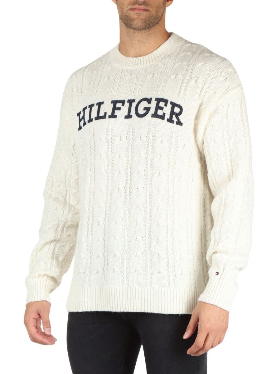 Uomo TOMMY HILFIGER | Maglia A Trecce Con Scritta Logo Frontale Panna