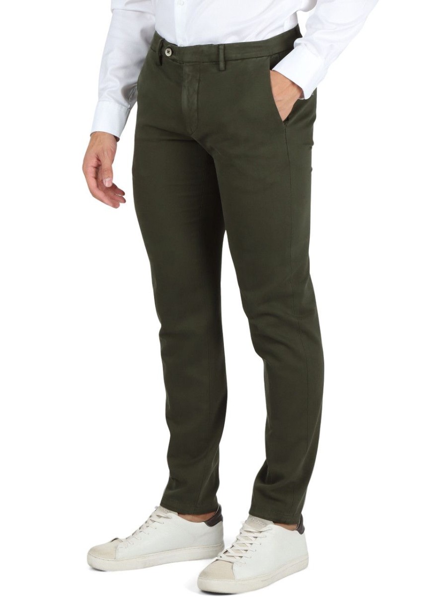 Uomo MICHAEL COAL | Pantalone Mc-Brad Slim Fit In Misto Cotone Verde Scuro