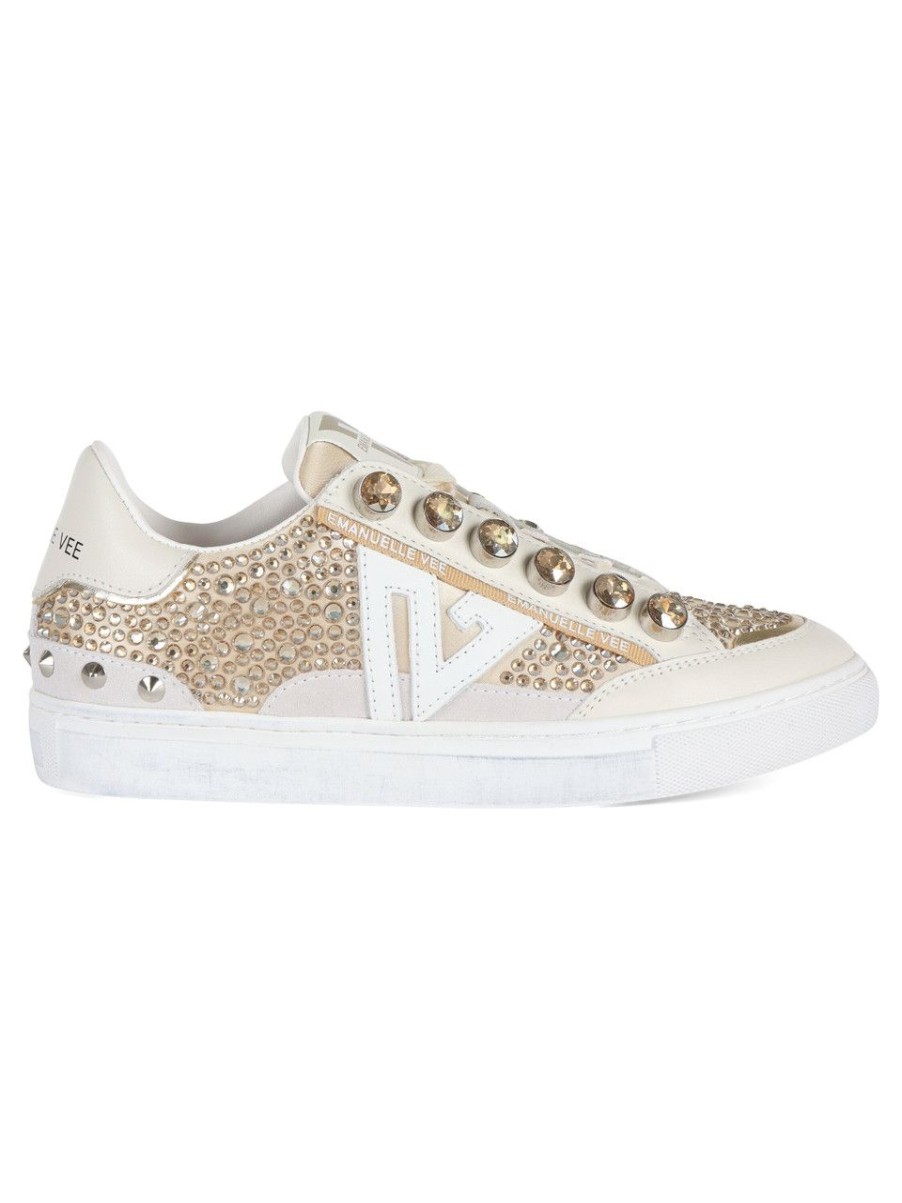 Donna EMANUELLE VEE | Sneakers In Pelle E Tessuto Con Strass Oro