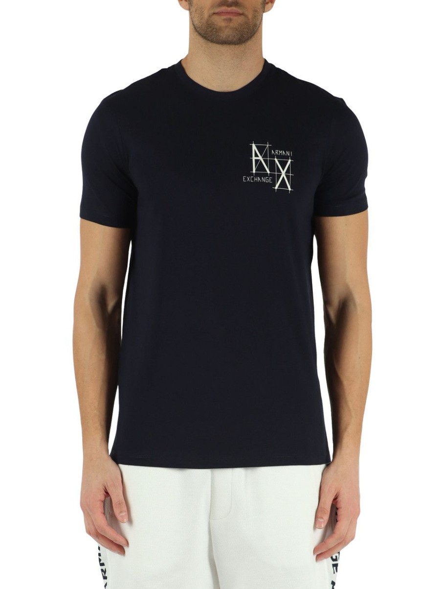 Uomo ARMANI EXCHANGE | T-Shirt Slim Fit In Cotone Con Stampa Logo Frontale Blu Scuro