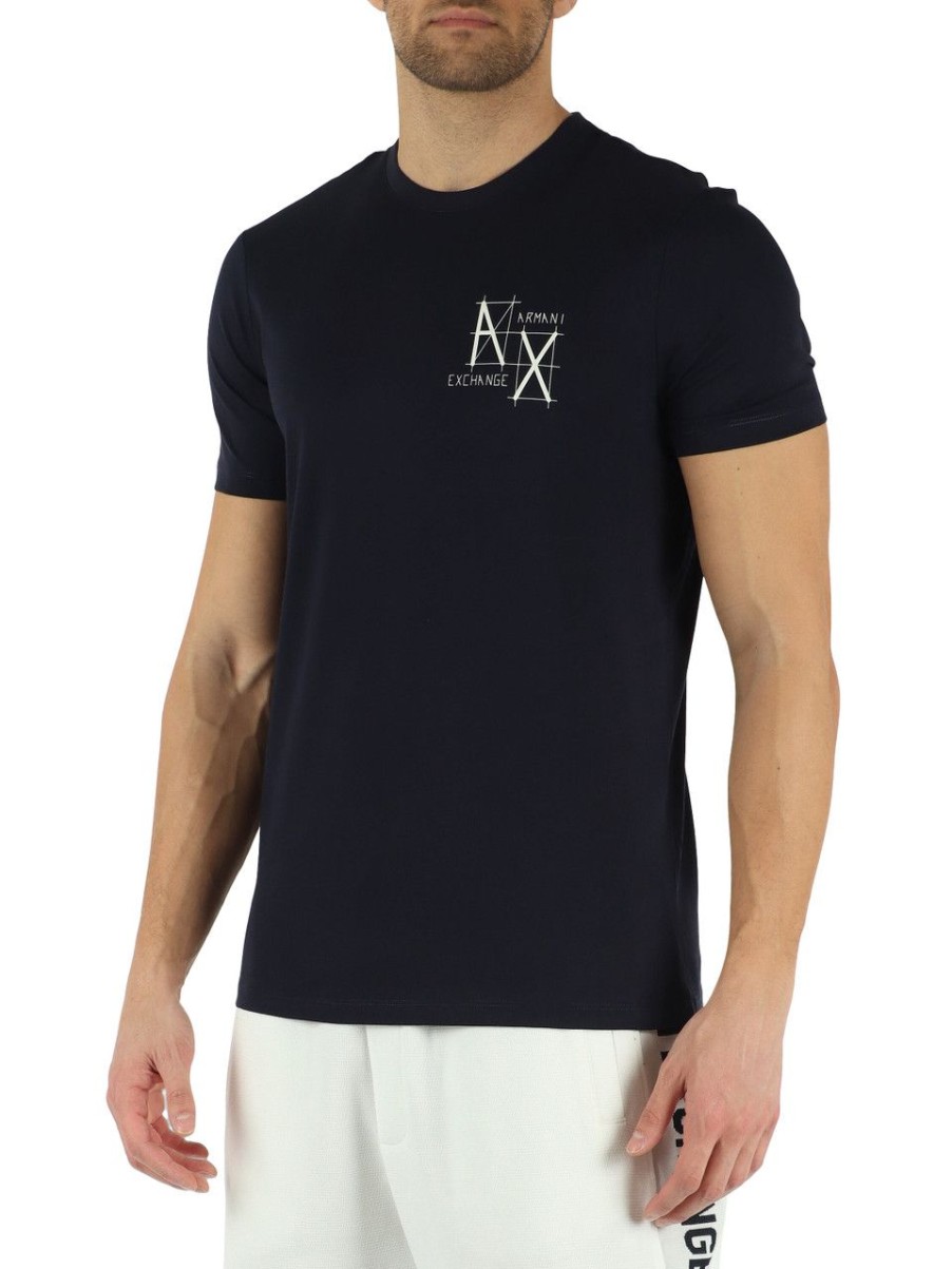 Uomo ARMANI EXCHANGE | T-Shirt Slim Fit In Cotone Con Stampa Logo Frontale Blu Scuro