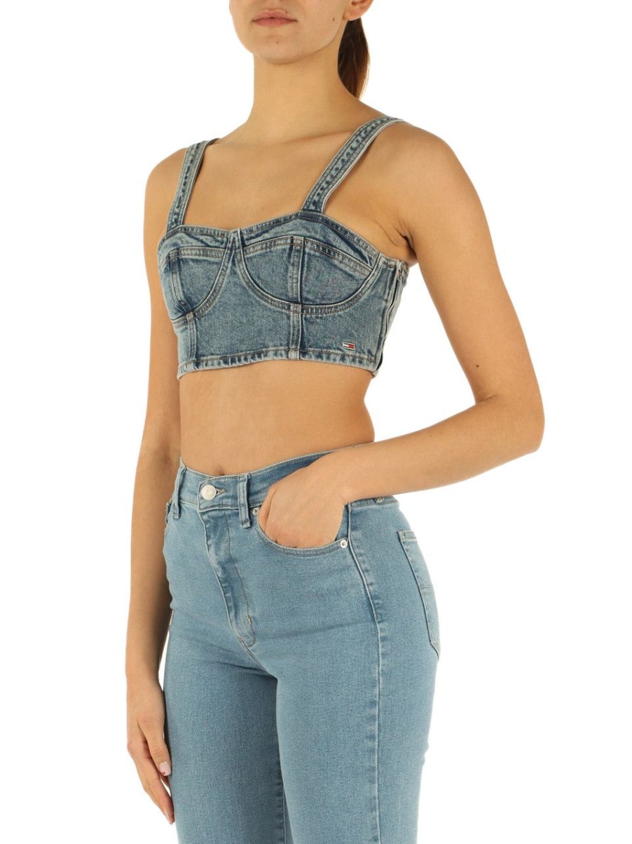 Donna TOMMY JEANS | Top In Denim Con Ricamo Logo Blu