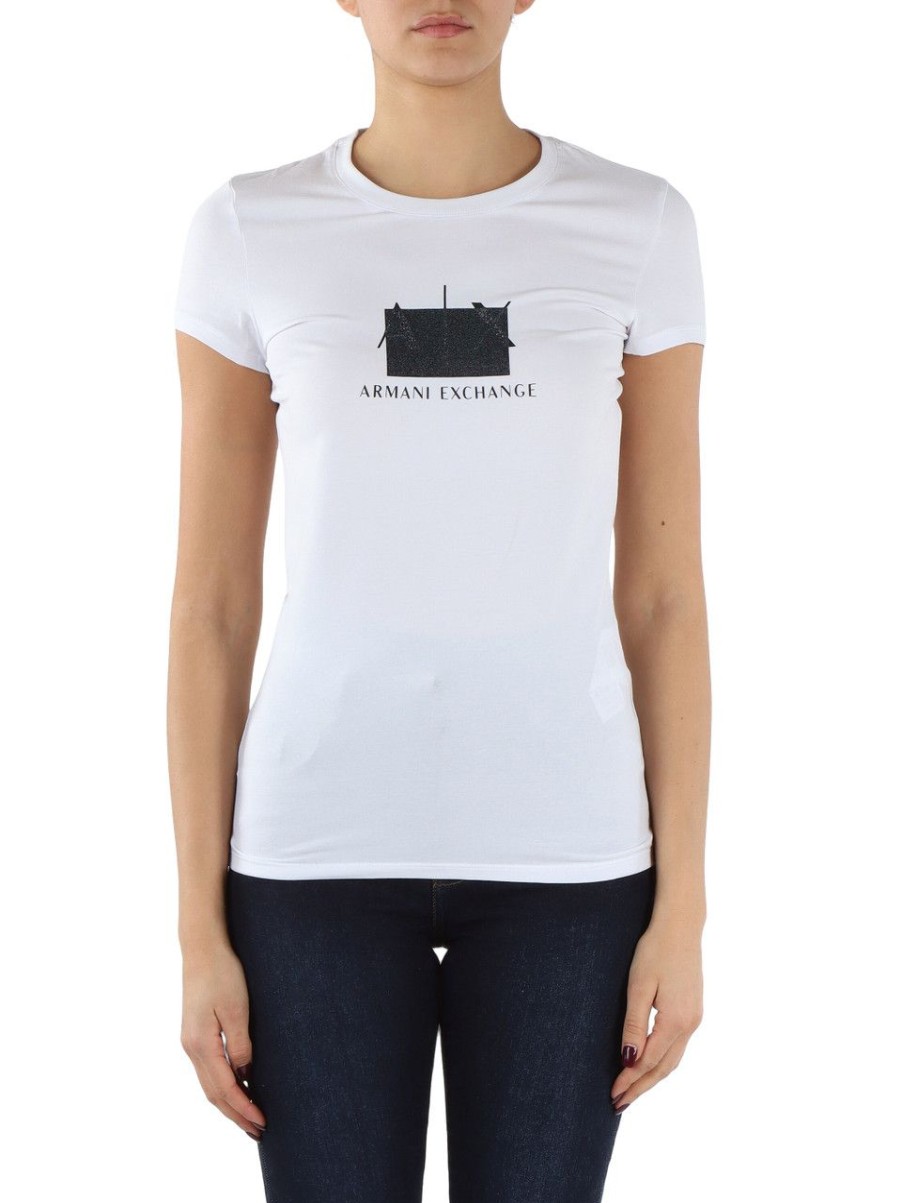 Donna ARMANI EXCHANGE | T-Shirt In Cotone Stretch Slim Fit Con Stampa Logo Bianco