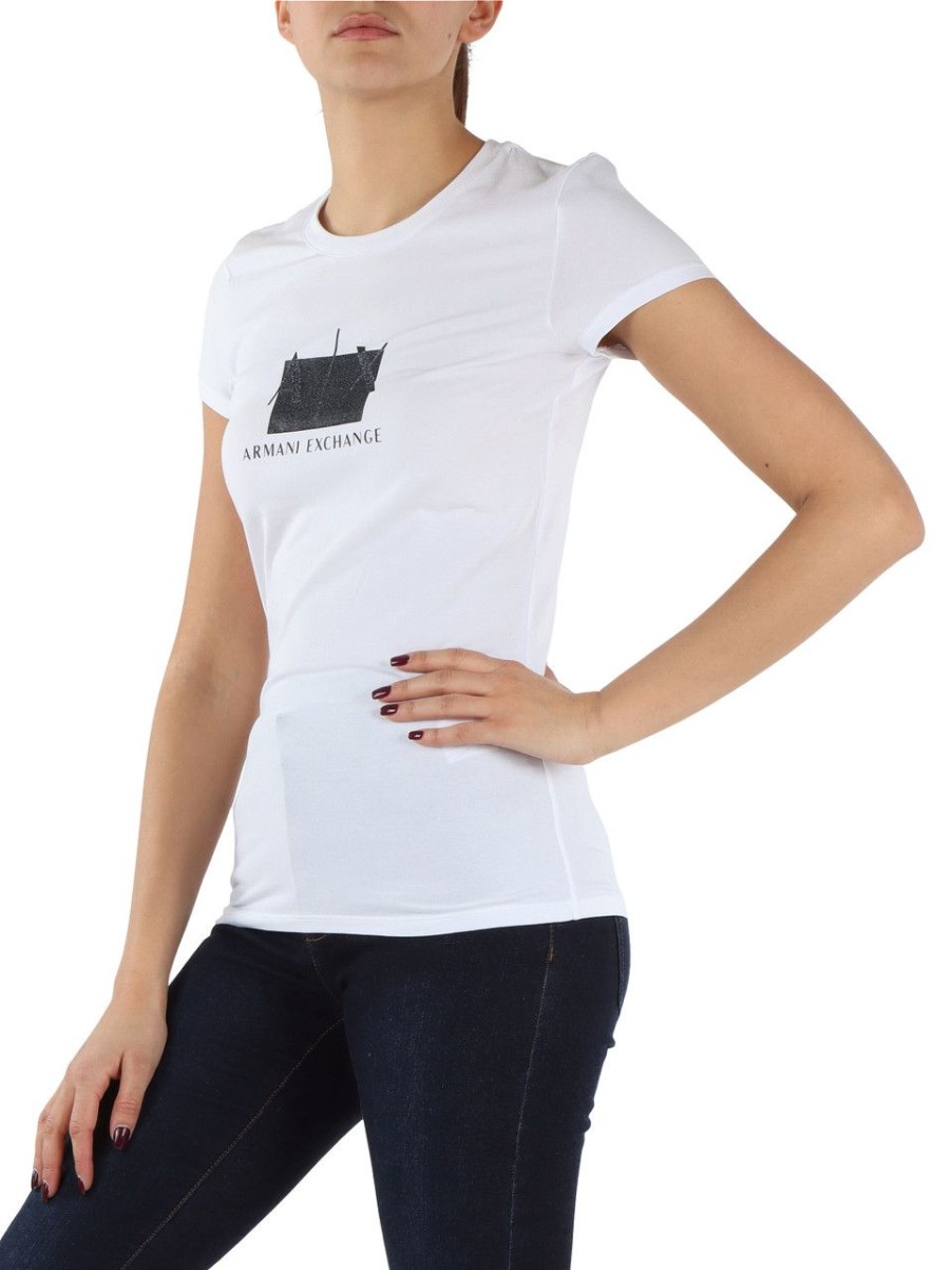 Donna ARMANI EXCHANGE | T-Shirt In Cotone Stretch Slim Fit Con Stampa Logo Bianco