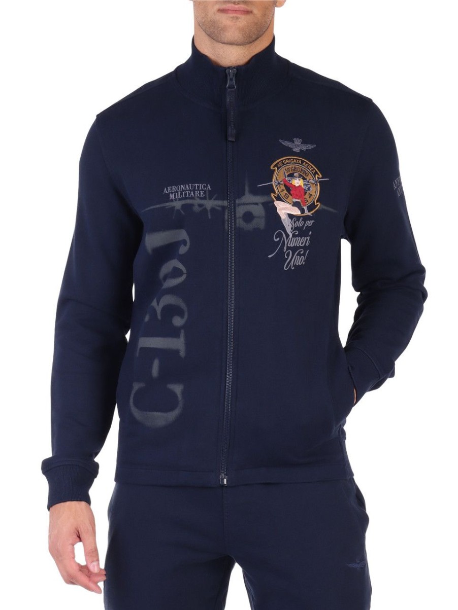 Uomo AERONAUTICA MILITARE | Felpa Regular Fit In Cotone Garzato Con Ricami Blu