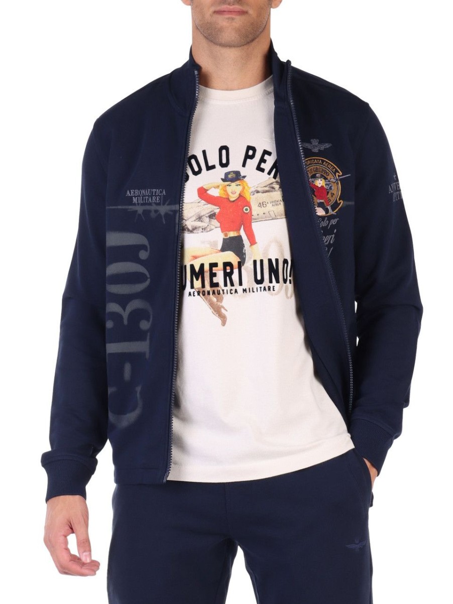 Uomo AERONAUTICA MILITARE | Felpa Regular Fit In Cotone Garzato Con Ricami Blu