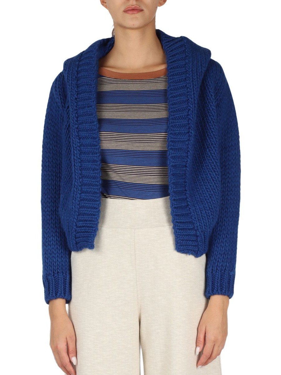 Donna NIÙ | Cardigan Con Cappuccio In Misto Lana Vergine Bluette