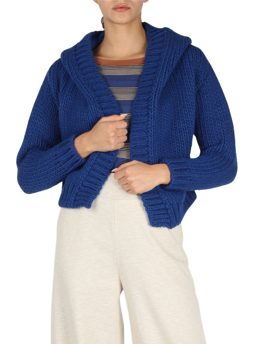 Donna NIÙ | Cardigan Con Cappuccio In Misto Lana Vergine Bluette