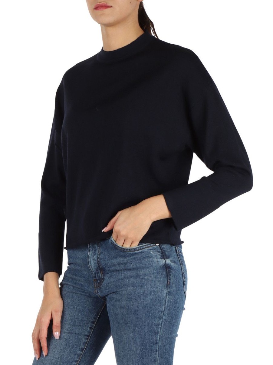 Donna ALPHA STUDIO | Maglia Girocollo Boxy Fit In Lana Merino Extrafine Blu Scuro