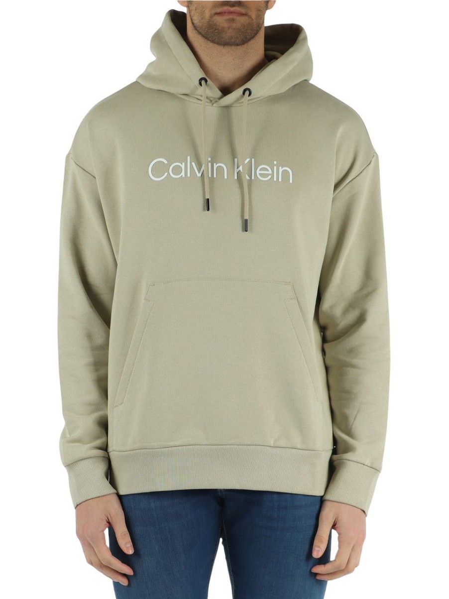 Uomo CALVIN KLEIN | Felpa In Cotone Garzato Con Cappuccio E Scritta Logo Salvia