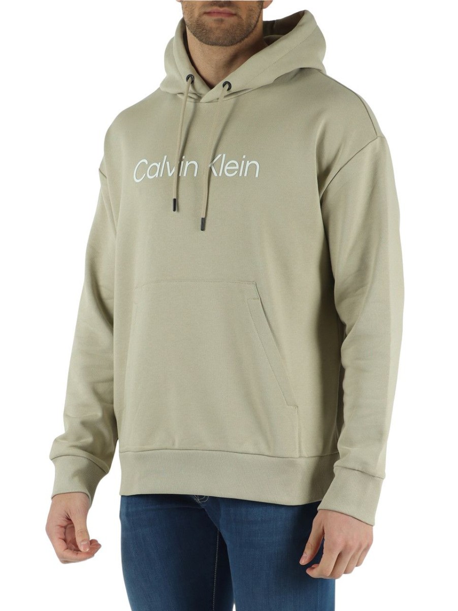 Uomo CALVIN KLEIN | Felpa In Cotone Garzato Con Cappuccio E Scritta Logo Salvia