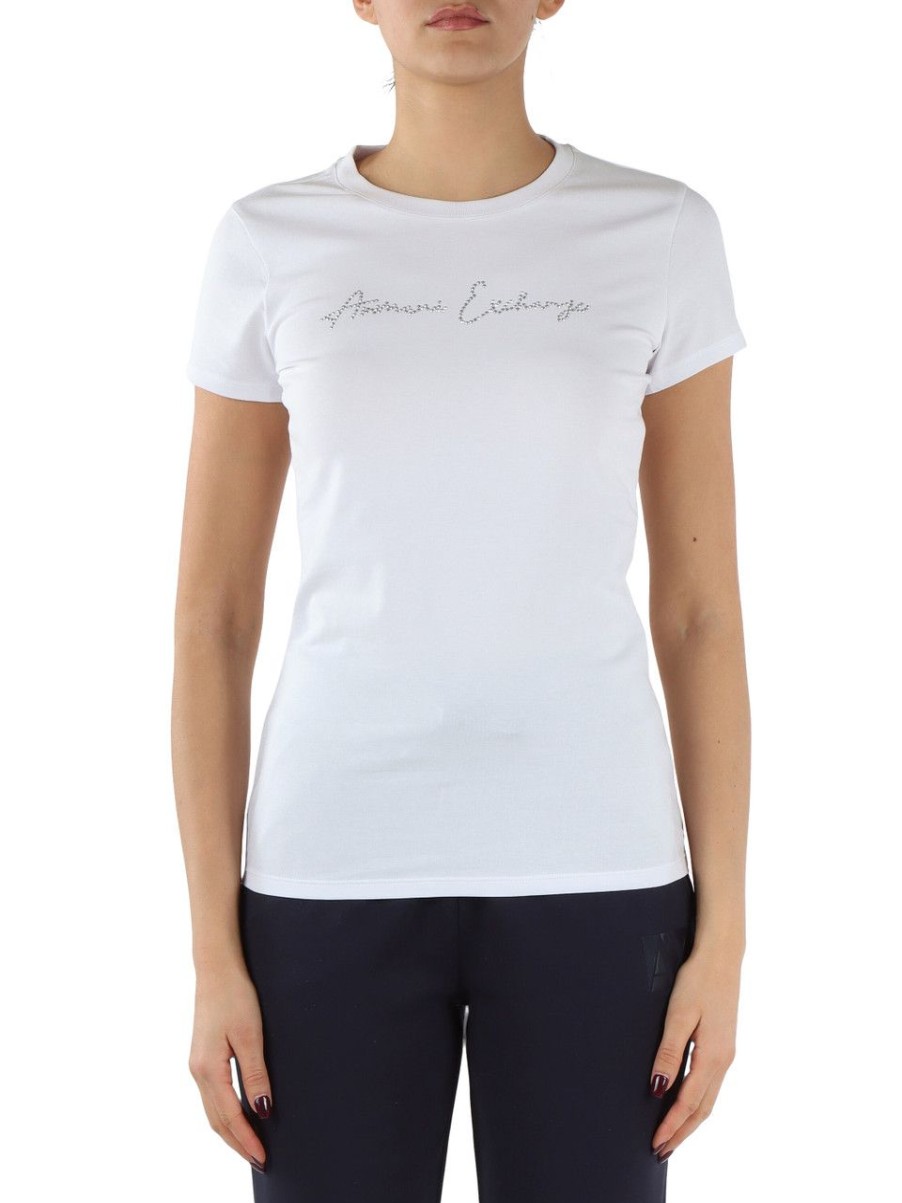 Donna ARMANI EXCHANGE | T-Shirt In Cotone Stretch Con Scritta Logo Frontale Bianco