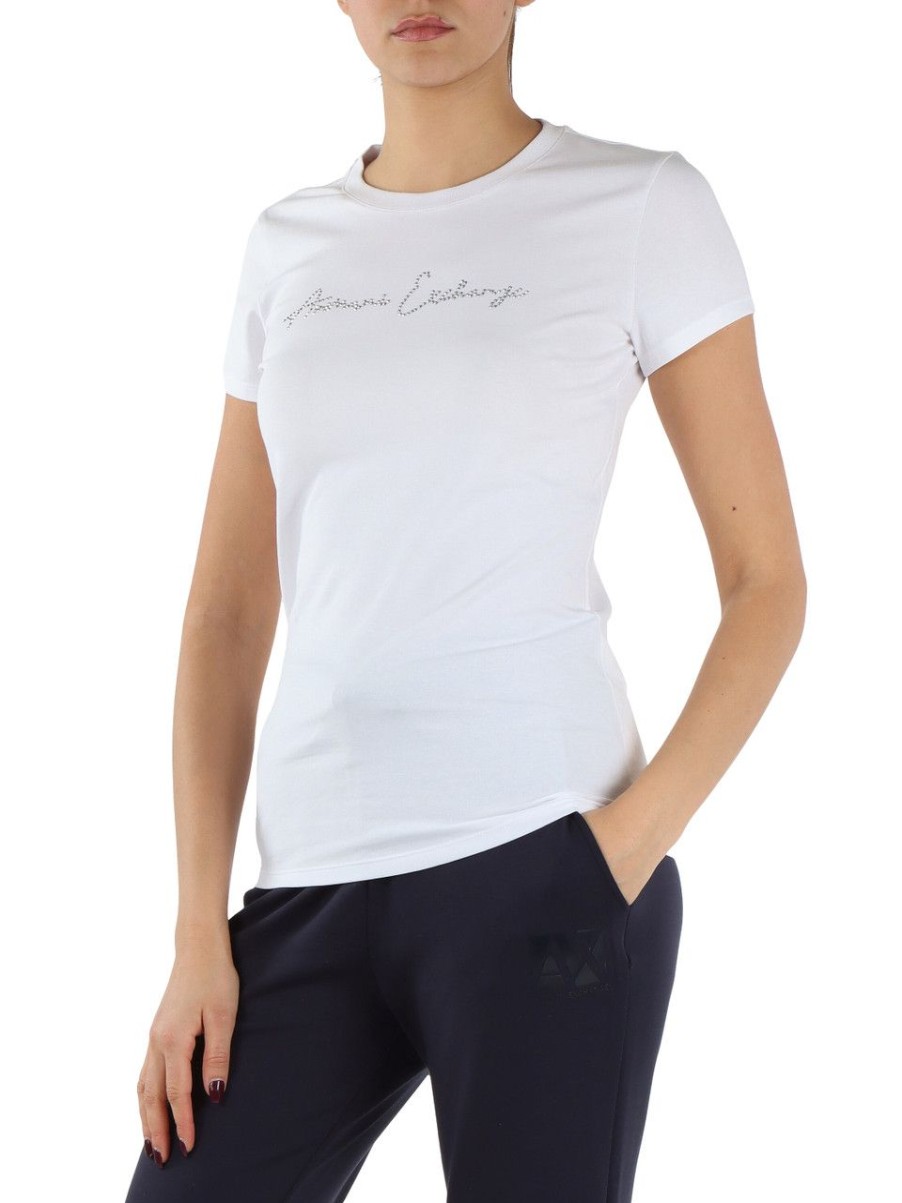 Donna ARMANI EXCHANGE | T-Shirt In Cotone Stretch Con Scritta Logo Frontale Bianco