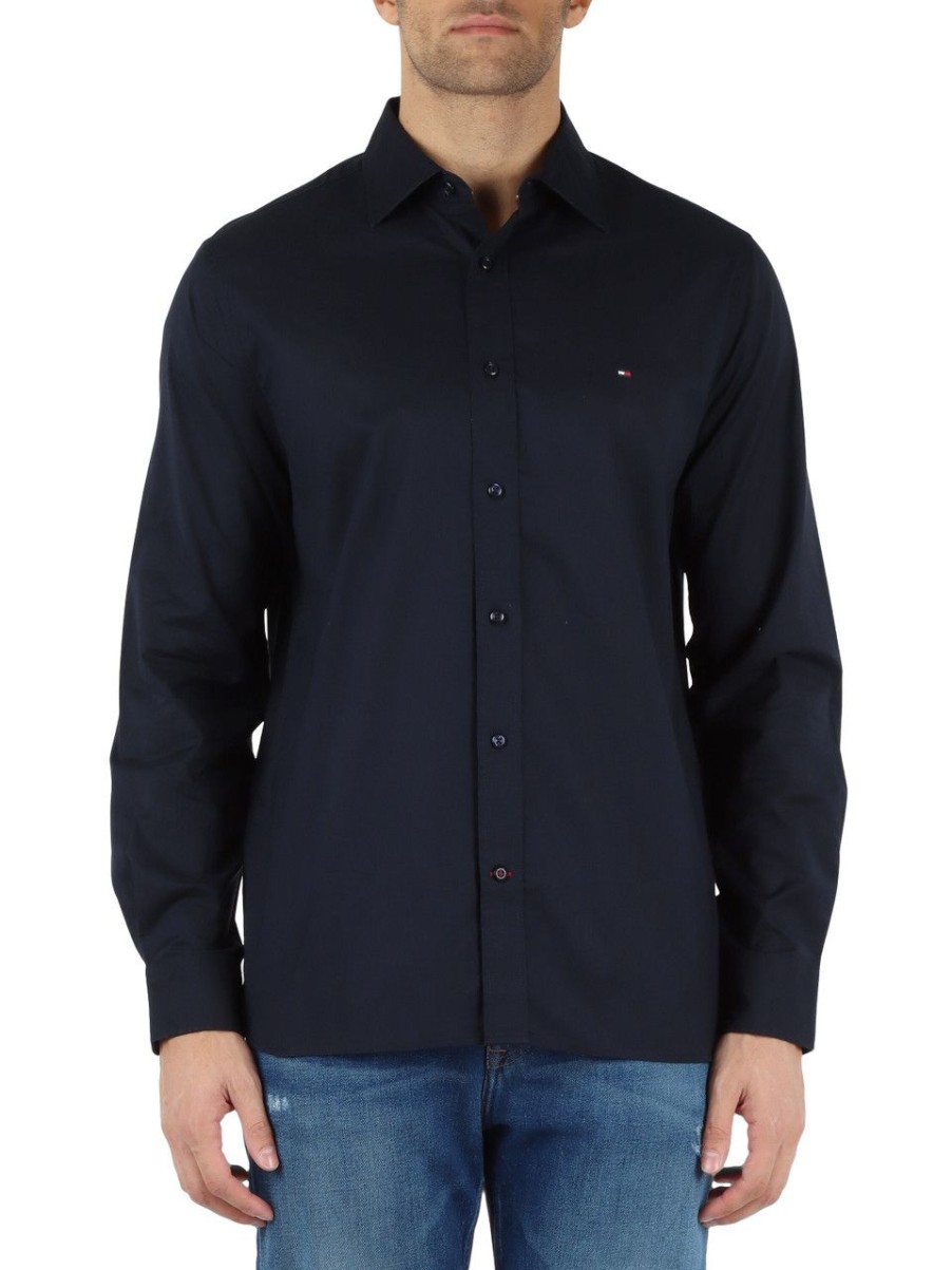 Uomo TOMMY HILFIGER | Camicia Regular Fit In Cotone Con Ricamo Logo Blu Scuro