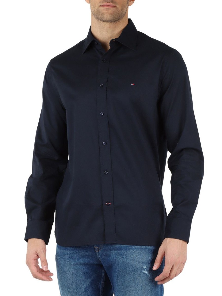 Uomo TOMMY HILFIGER | Camicia Regular Fit In Cotone Con Ricamo Logo Blu Scuro