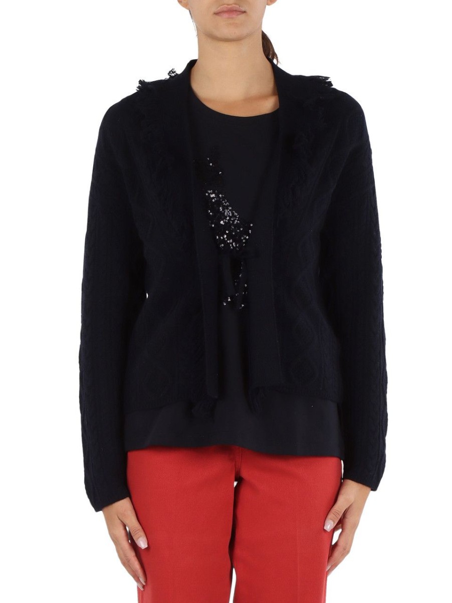 Donna ELENA MIRÒ | Cardigan In Lana Con Frange Nero