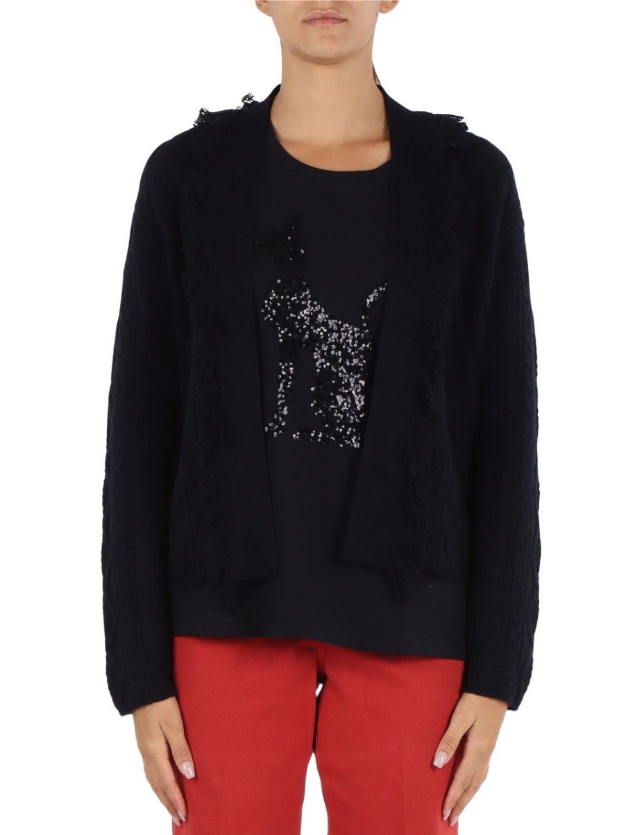 Donna ELENA MIRÒ | Cardigan In Lana Con Frange Nero