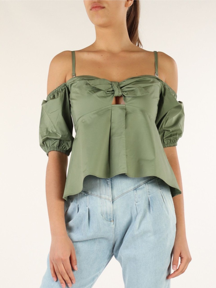 Donna GUESS | Top Svasato In Cotone Con Nodo Frontale Verde