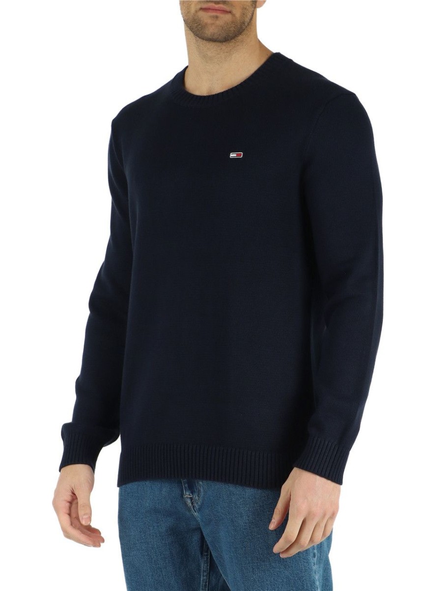 Uomo TOMMY JEANS | Maglia Girocollo In Cotone Con Ricamo Logo Frontale Blu Scuro