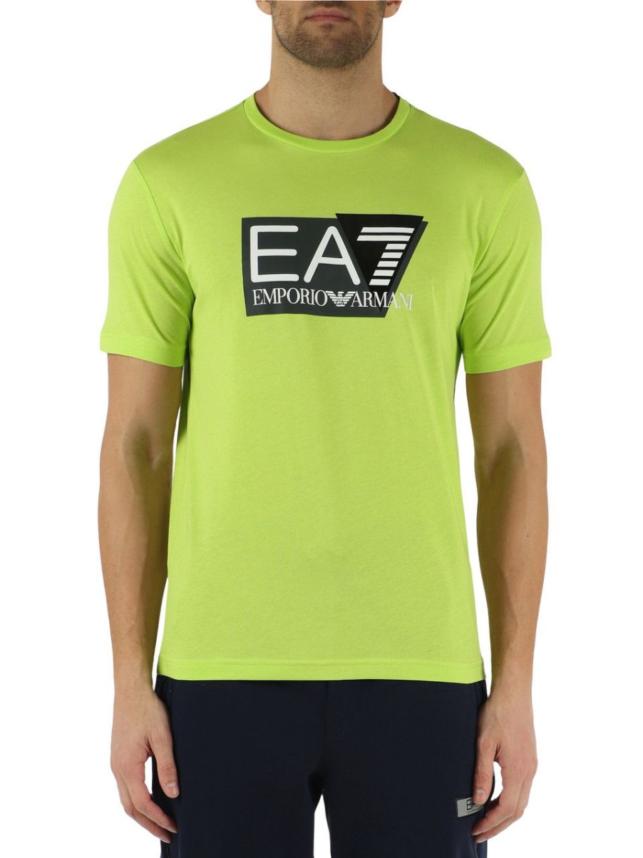 Uomo EA7 | T-Shirt In Cotone Con Stampa Logo Frontale Verde Chiaro