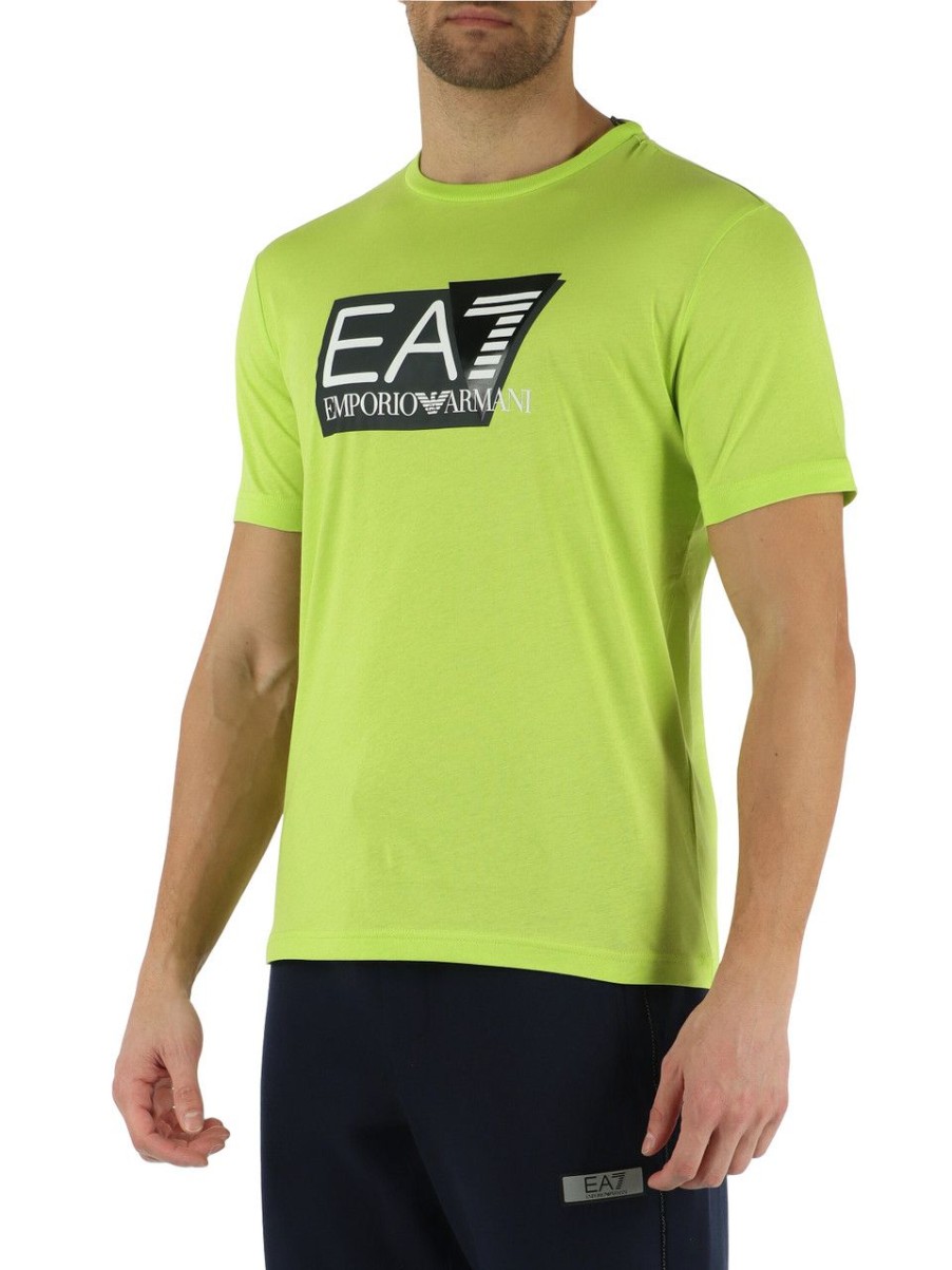 Uomo EA7 | T-Shirt In Cotone Con Stampa Logo Frontale Verde Chiaro