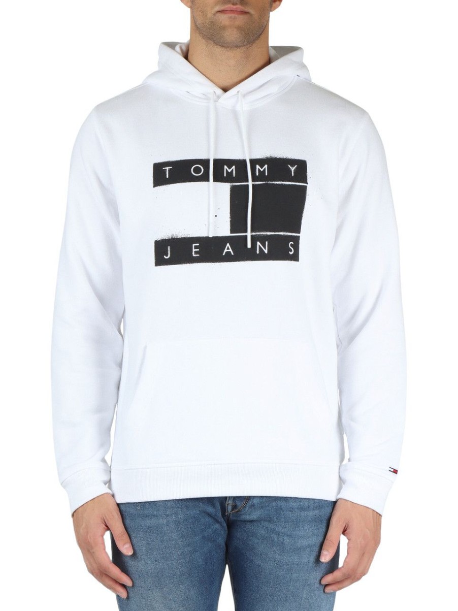 Uomo TOMMY JEANS | Felpa Con Cappuccio In Misto Cotone Bianco