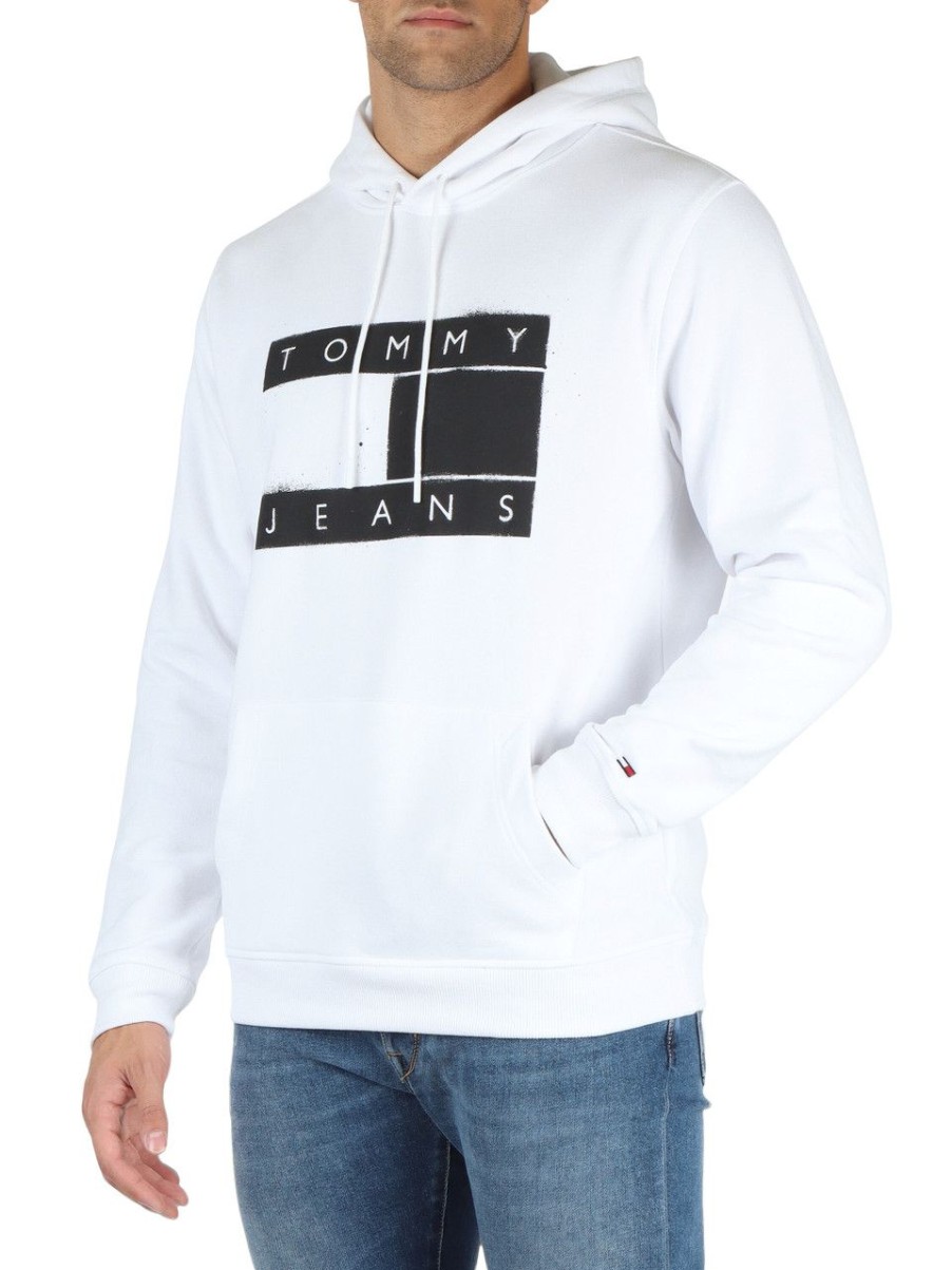 Uomo TOMMY JEANS | Felpa Con Cappuccio In Misto Cotone Bianco